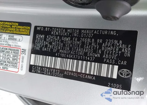 2007 Toyota Camry Le z USA, uszkodzony, nr VIN 4T1BE46KX7U111437